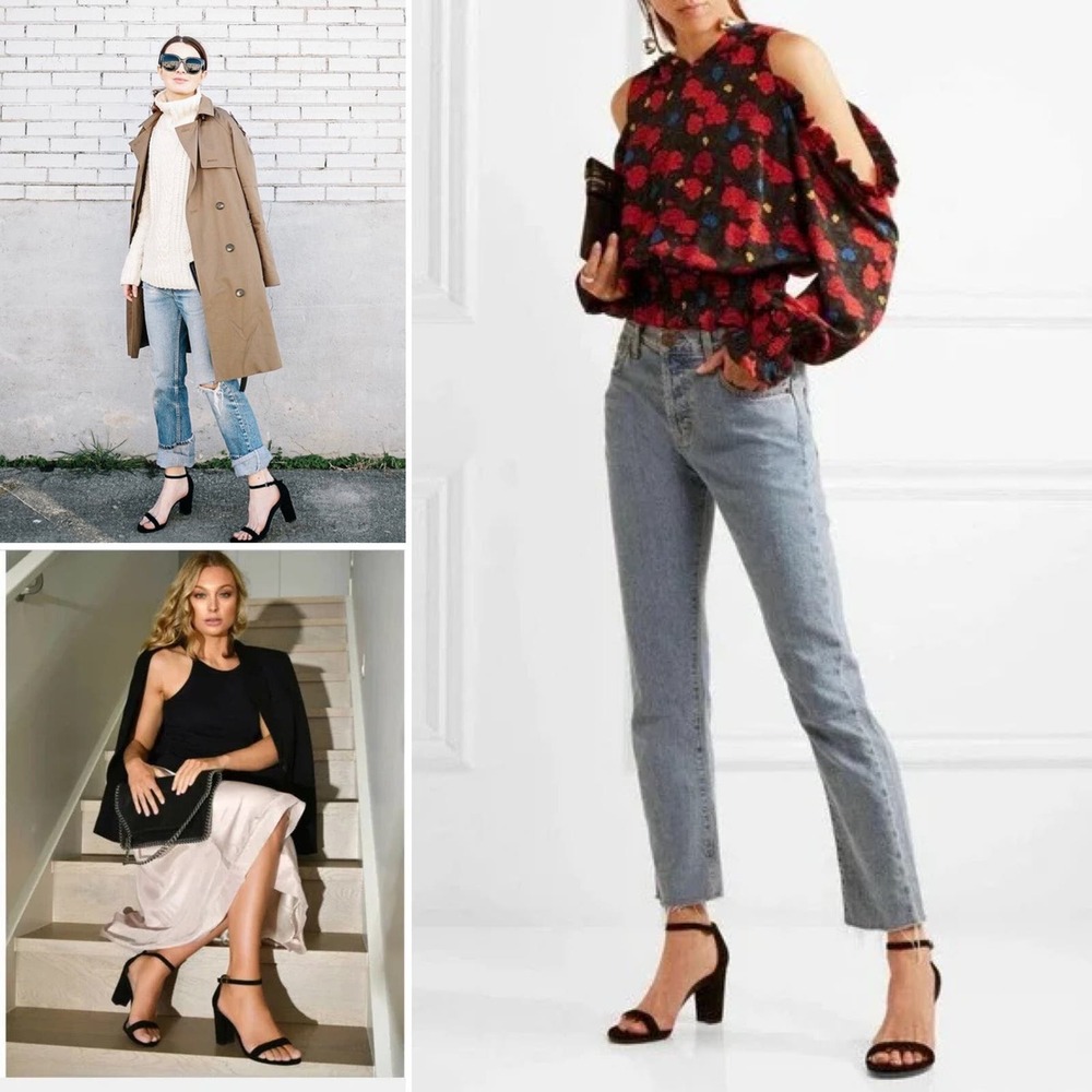 Stuart Weitzman Black Suede NearlyNude Sandal Minimalist Block Heel Size 8.5